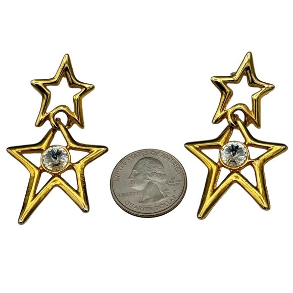 80s / 90s Glam Rockstar Gold Star & Rhinestone Vintage Dangle Costume Earrings - Picture 3 of 7